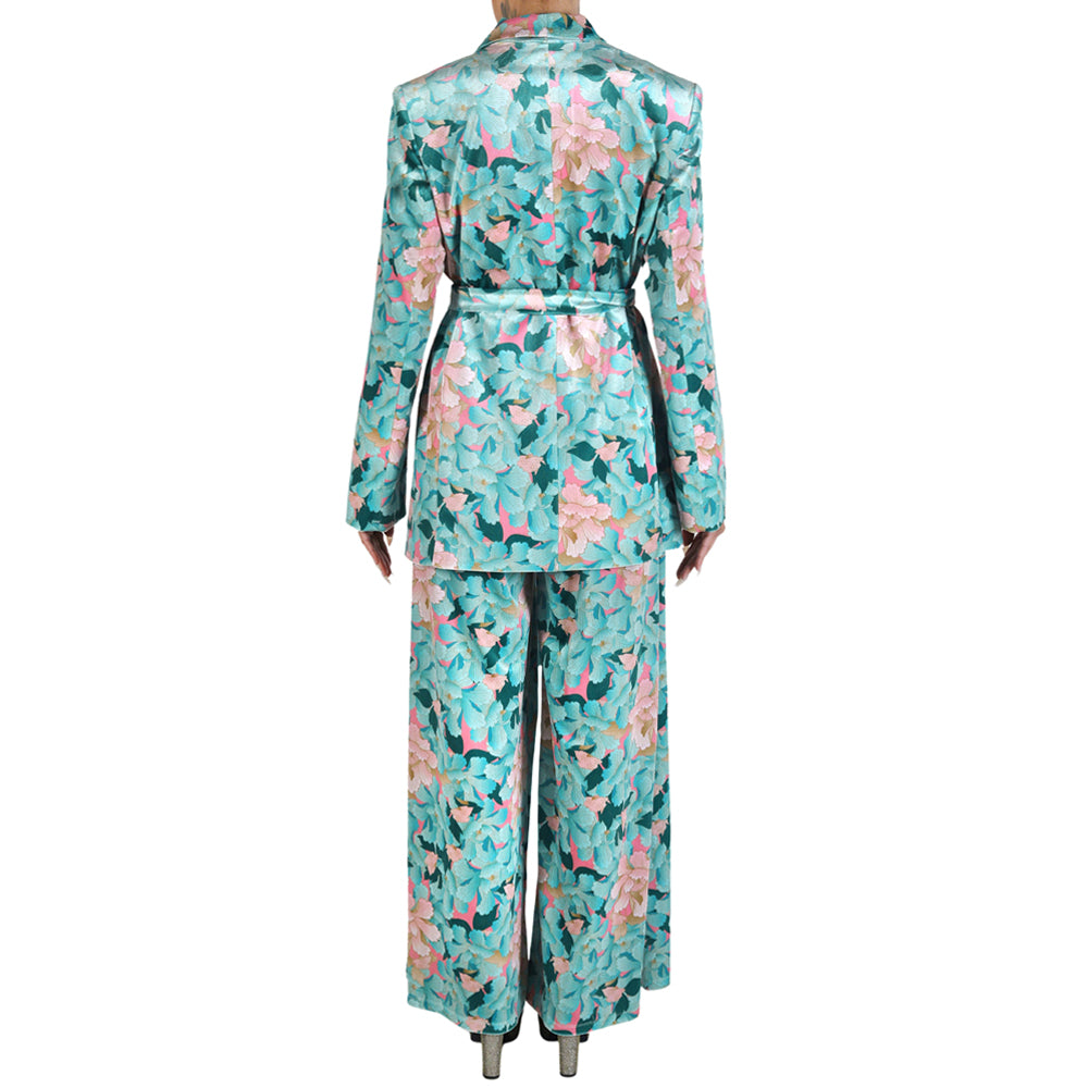 Mint Pink Japanese Oriental Chrysanthemum Flower Velvet Belted Blazer