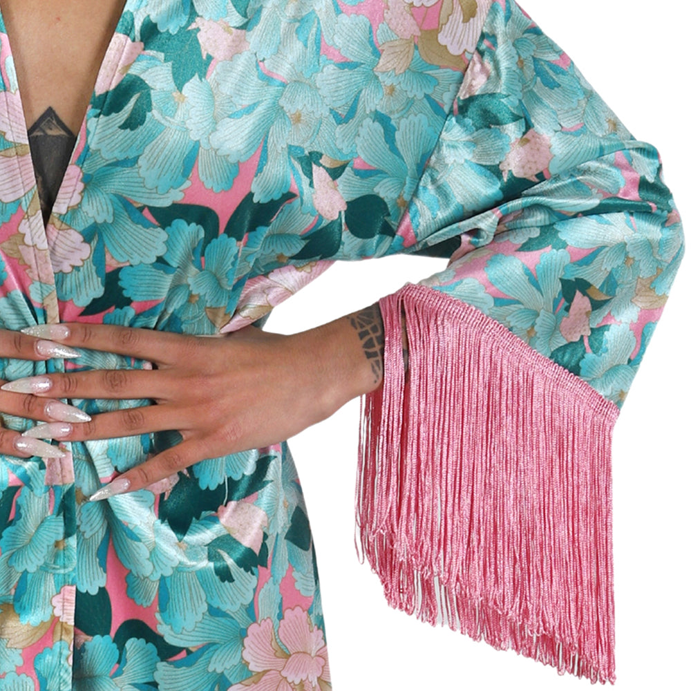 Mint Pink Japanese Oriental Chrysanthemum Flower Velvet Fringe Kimono