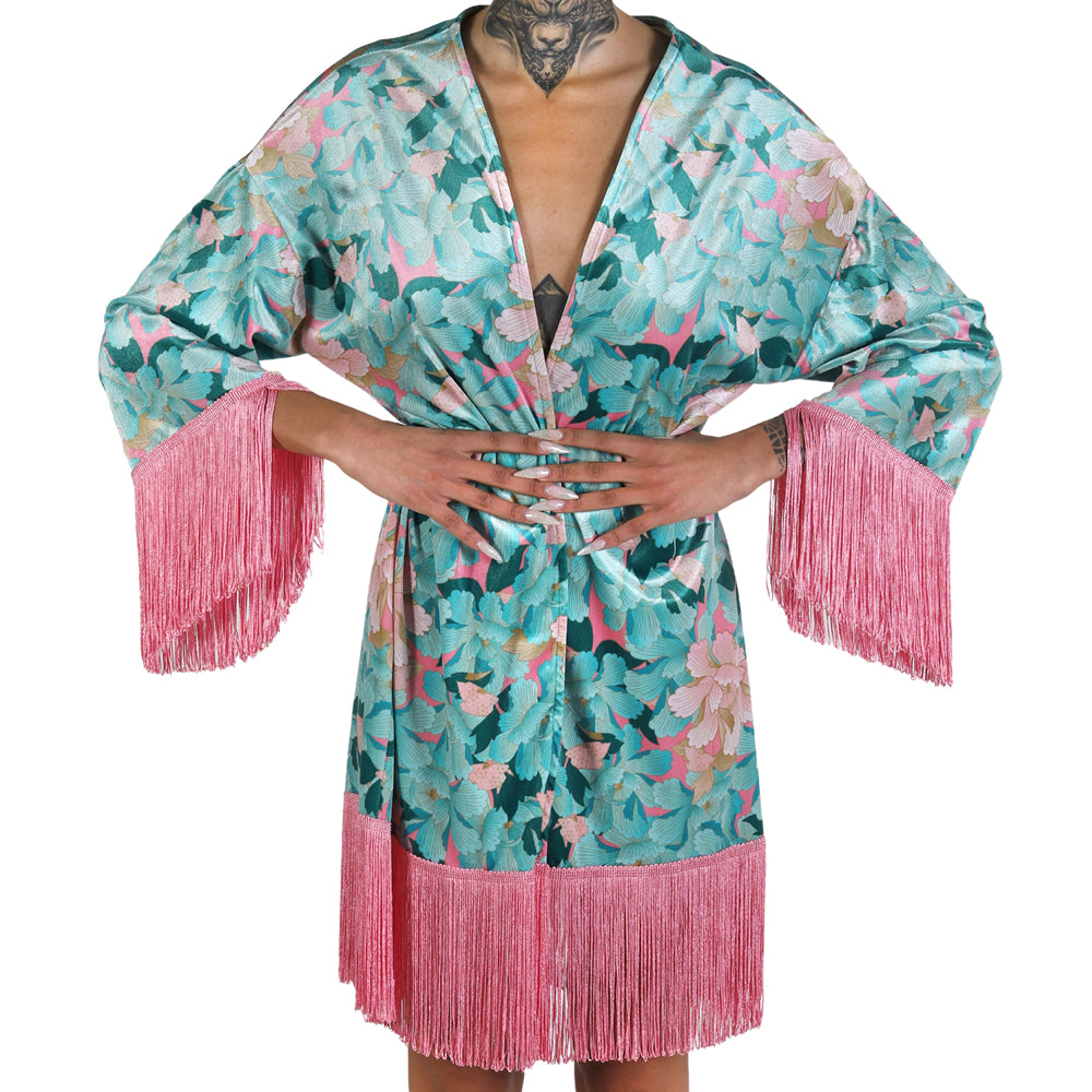 Mint Pink Japanese Oriental Chrysanthemum Flower Velvet Fringe Kimono