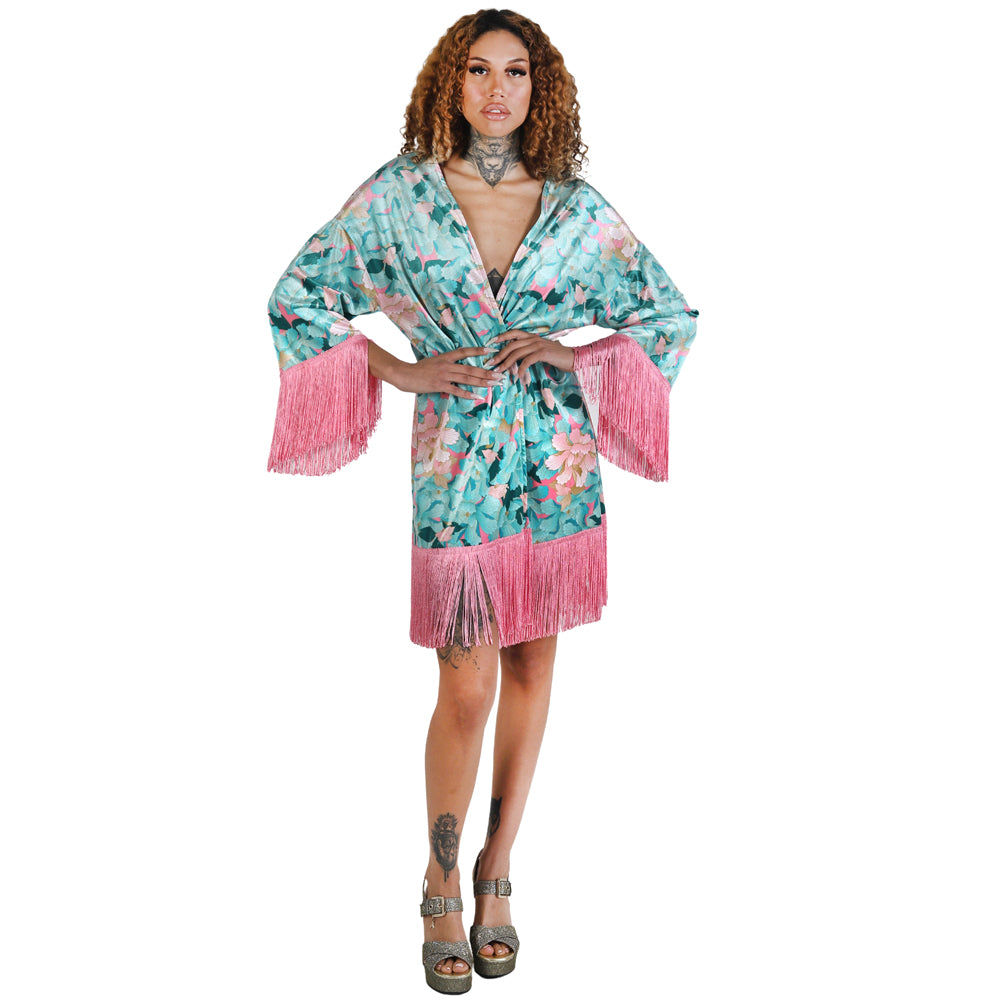 Mint Pink Japanese Oriental Chrysanthemum Flower Velvet Fringe Kimono
