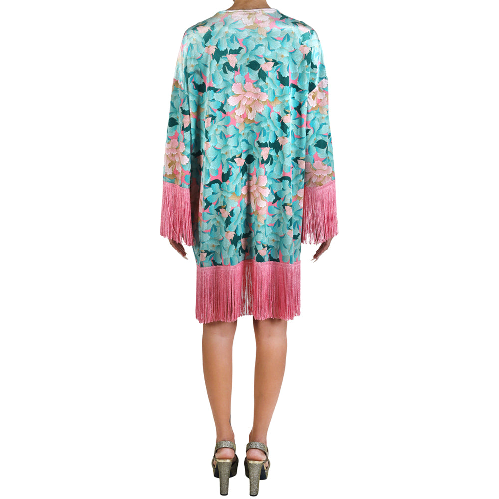 Mint Pink Japanese Oriental Chrysanthemum Flower Velvet Fringe Kimono