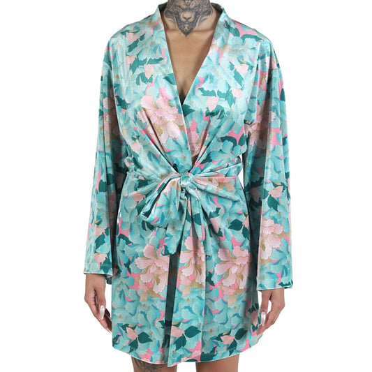 Mint Pink Japanese Oriental Chrysanthemum Flower Velvet Belted Dress