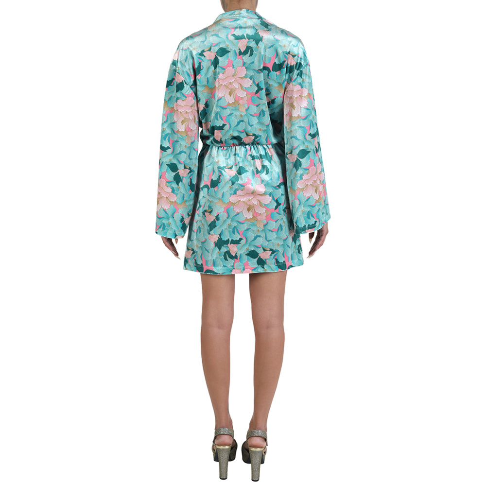 Mint Pink Japanese Oriental Chrysanthemum Flower Velvet Belted Dress