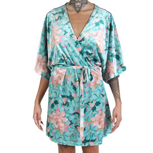 Mint Pink Japanese Oriental Chrysanthemum Flower Velvet Wrap Mini Kimono Dress