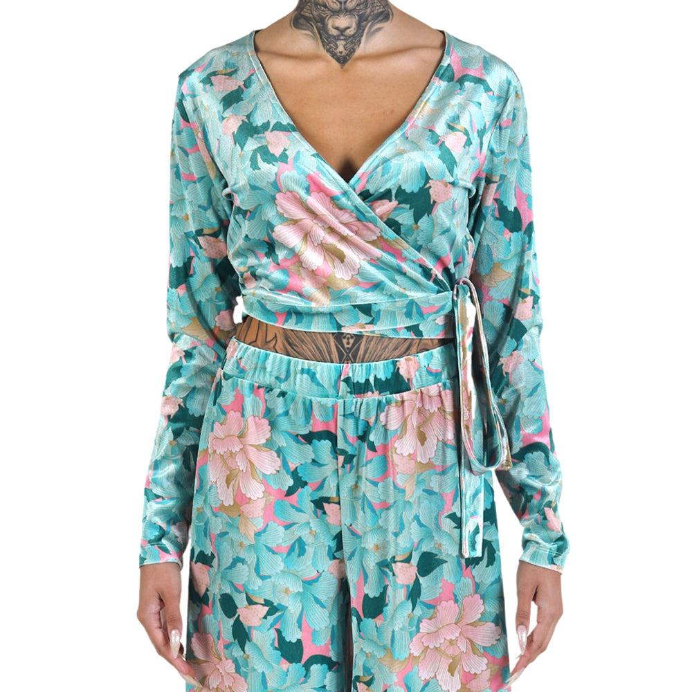 Mint Pink Japanese Oriental Chrysanthemum Flower Velvet Wrap Crop Top with Bow Tie