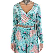 Load image into Gallery viewer, Mint Pink Japanese Oriental Chrysanthemum Flower Velvet Wrap Crop Top with Bow Tie