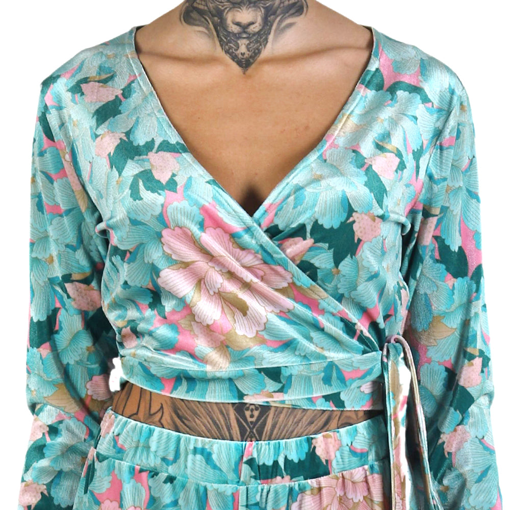 Mint Pink Japanese Oriental Chrysanthemum Flower Velvet Wrap Crop Top with Bow Tie