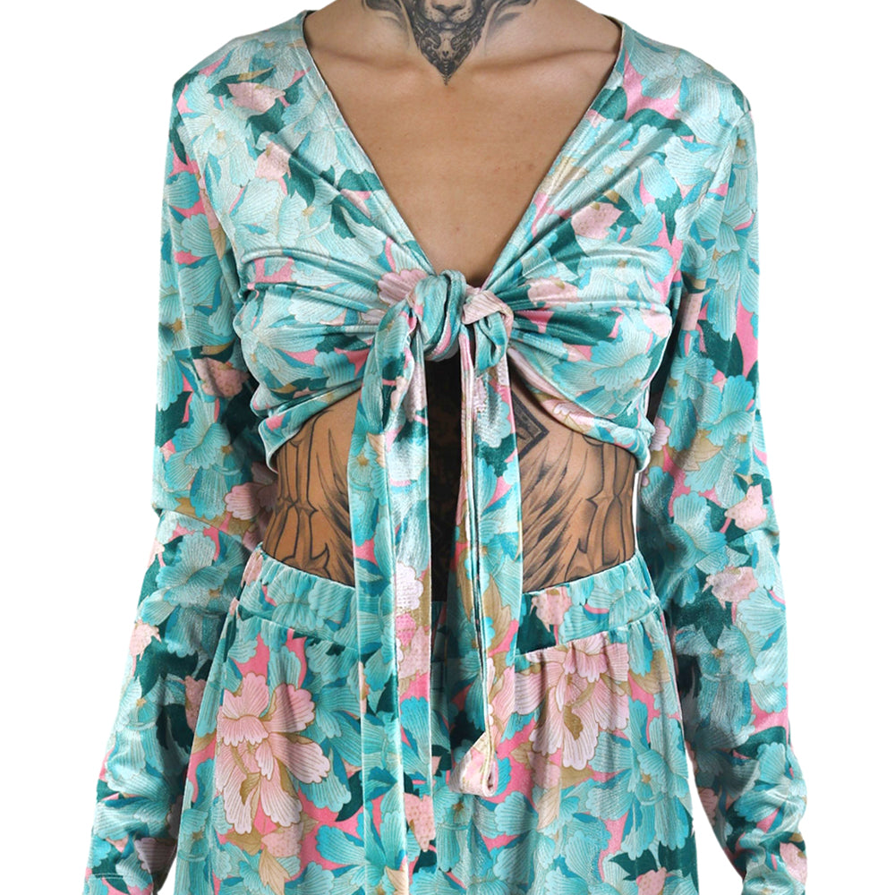 Mint Pink Japanese Oriental Chrysanthemum Flower Velvet Wrap Crop Top with Bow Tie