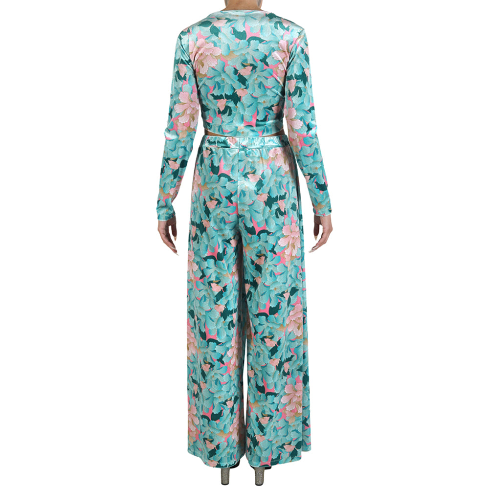 Mint Pink Japanese Oriental Chrysanthemum Flower Velvet Wrap Crop Top with Bow Tie
