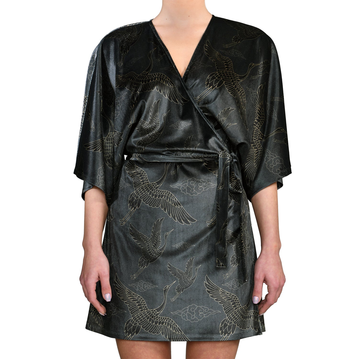 Anthracite Gold Japanese Oriental Cranes Velvet Mini Wrap Kimono Dress
