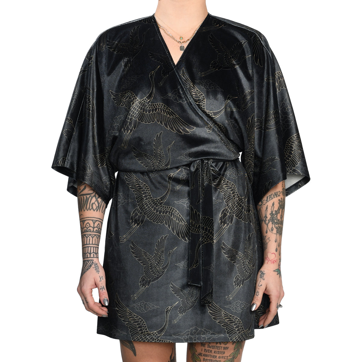 Anthracite Gold Japanese Oriental Cranes Velvet Mini Wrap Kimono Dress