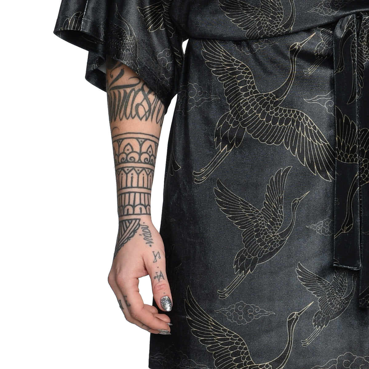Anthracite Gold Japanese Oriental Cranes Velvet Mini Wrap Kimono Dress