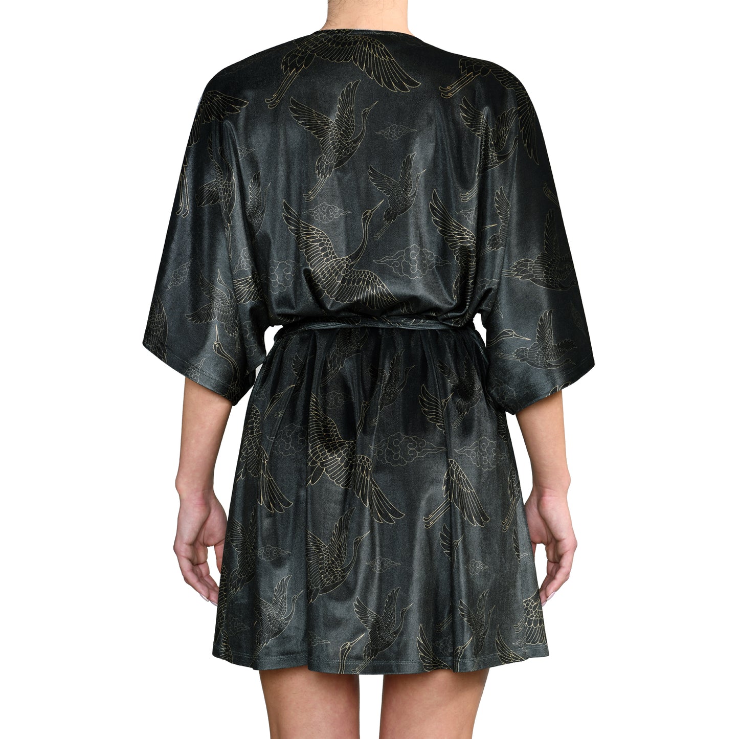 Anthracite Gold Japanese Oriental Cranes Velvet Mini Wrap Kimono Dress