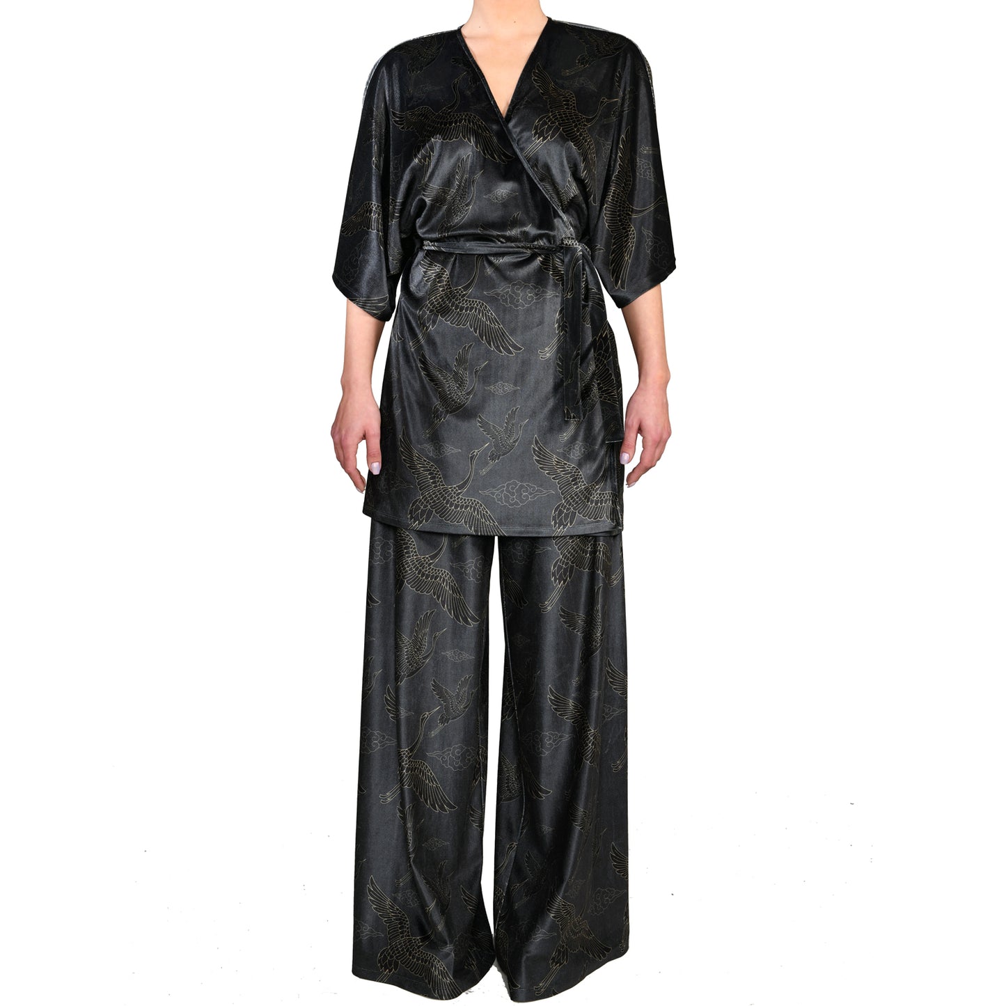 Anthracite Gold Japanese Oriental Cranes Velvet Mini Wrap Kimono Dress