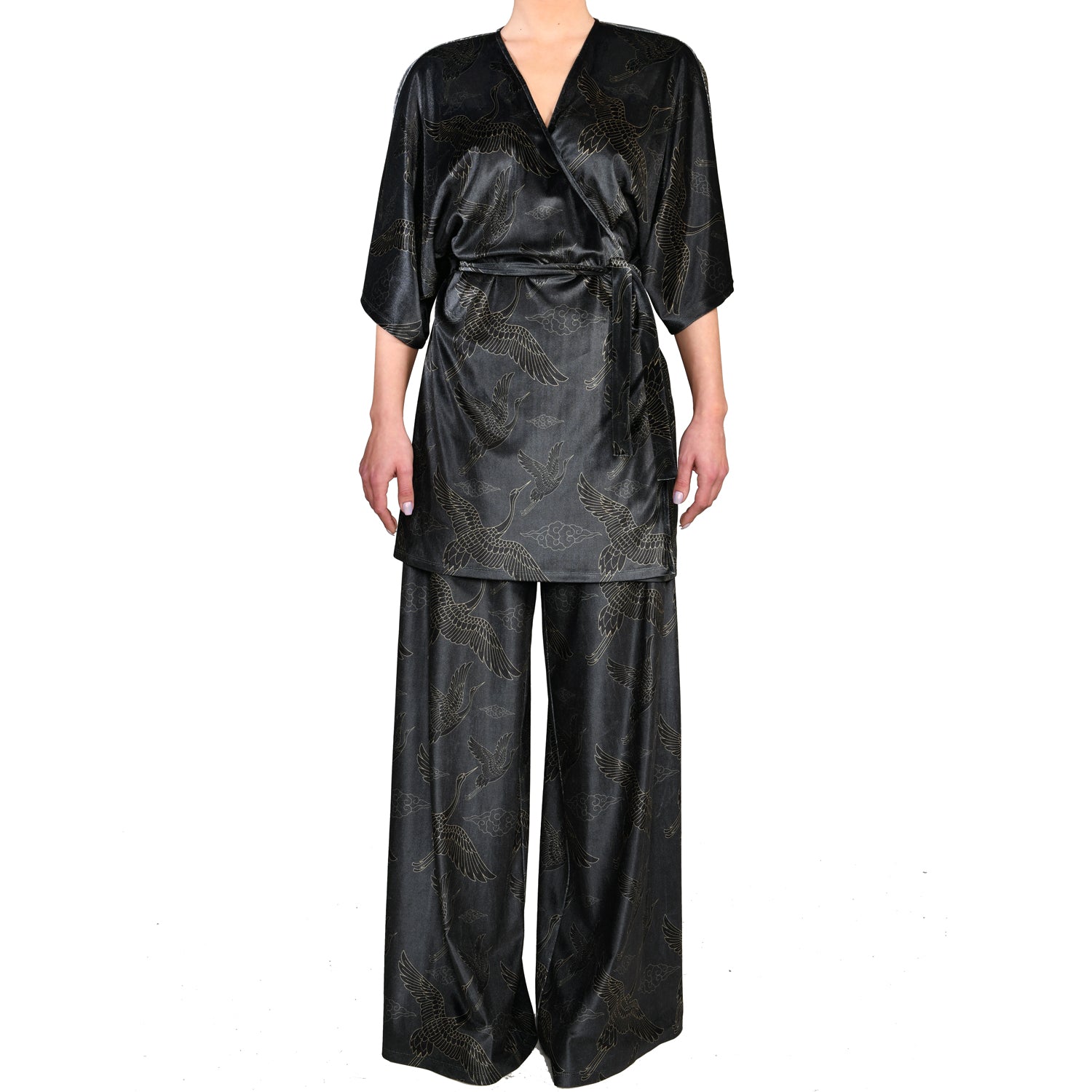 Anthracite Gold Japanese Oriental Cranes Velvet Mini Wrap Kimono Dress