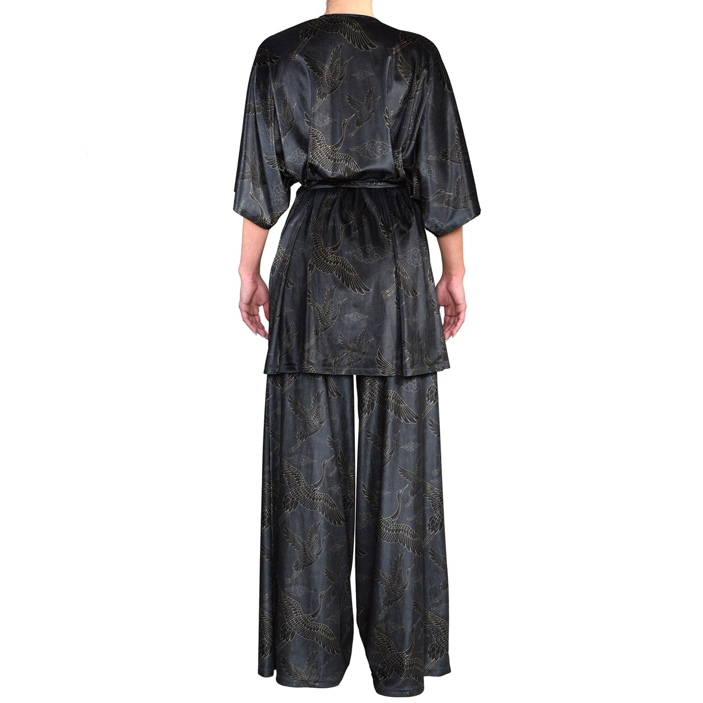 Anthracite Gold Japanese Oriental Cranes Velvet Mini Wrap Kimono Dress