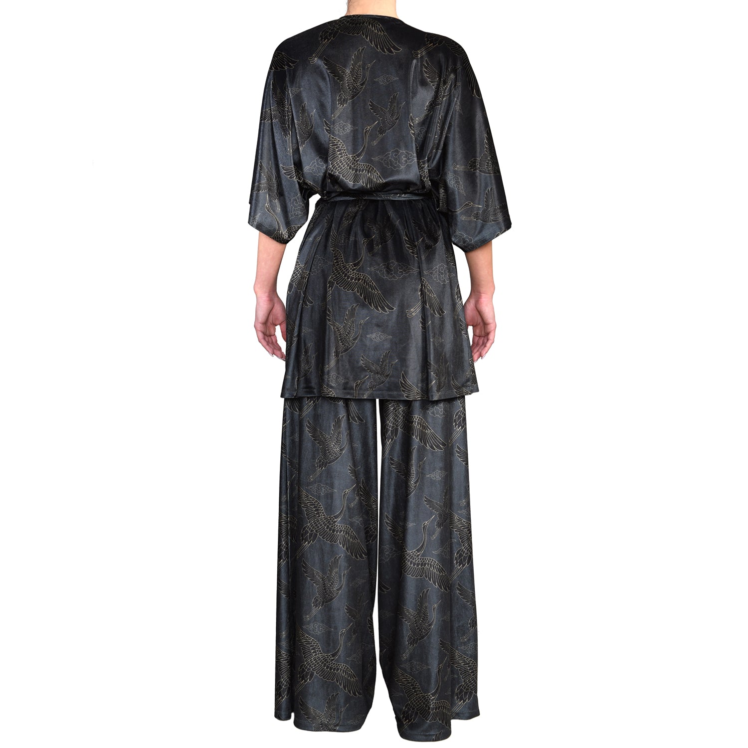 Anthracite Gold Japanese Oriental Cranes Velvet Mini Wrap Kimono Dress