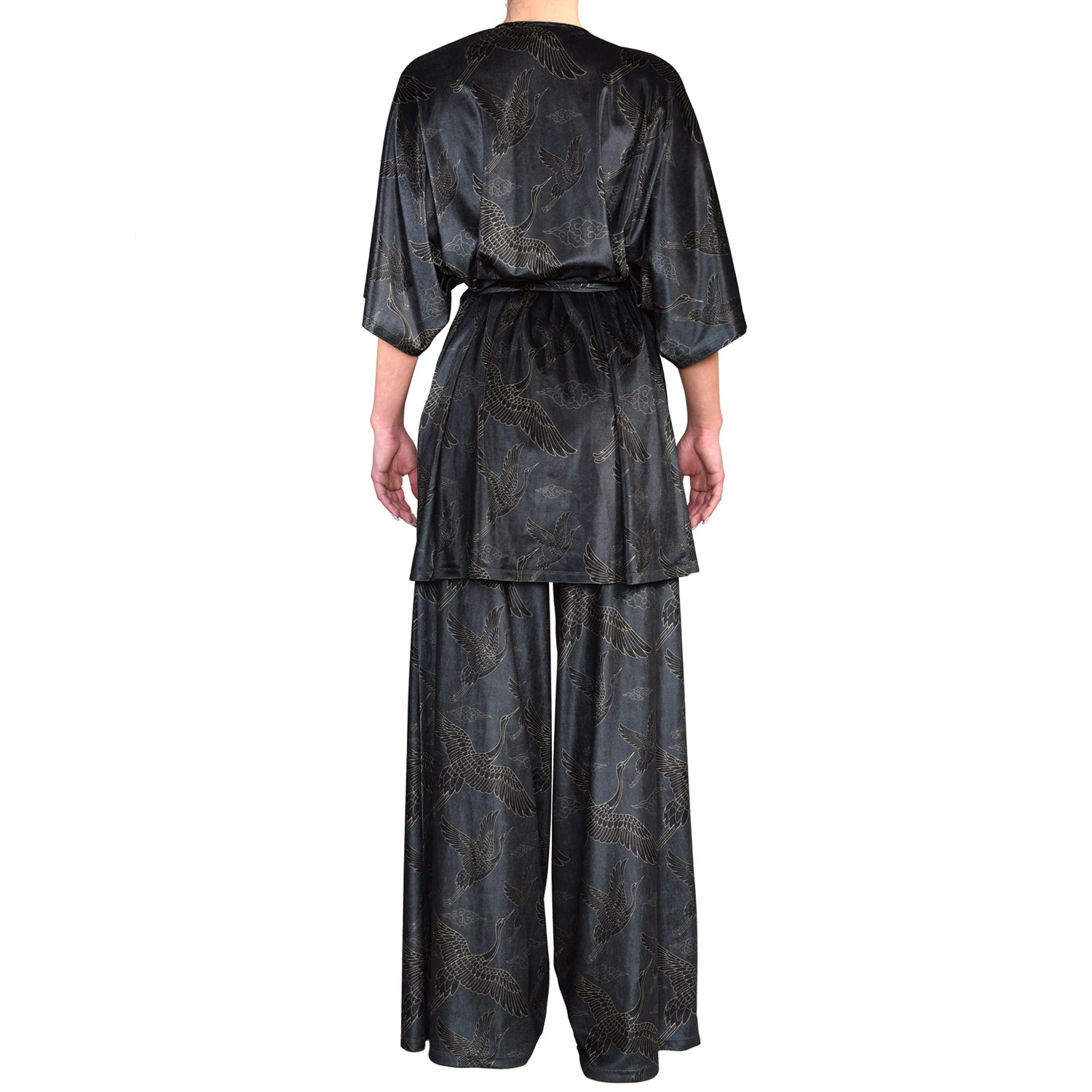 Anthracite Gold Japanese Oriental Cranes Velvet Wide Leg Pants 