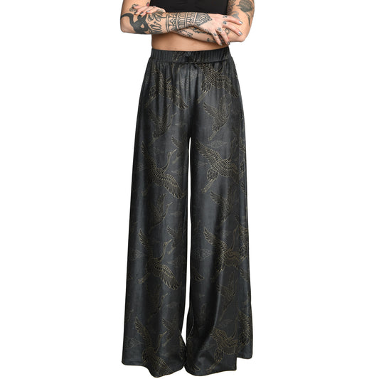 Anthracite Gold Japanese Oriental Cranes Velvet Wide Leg Pants 