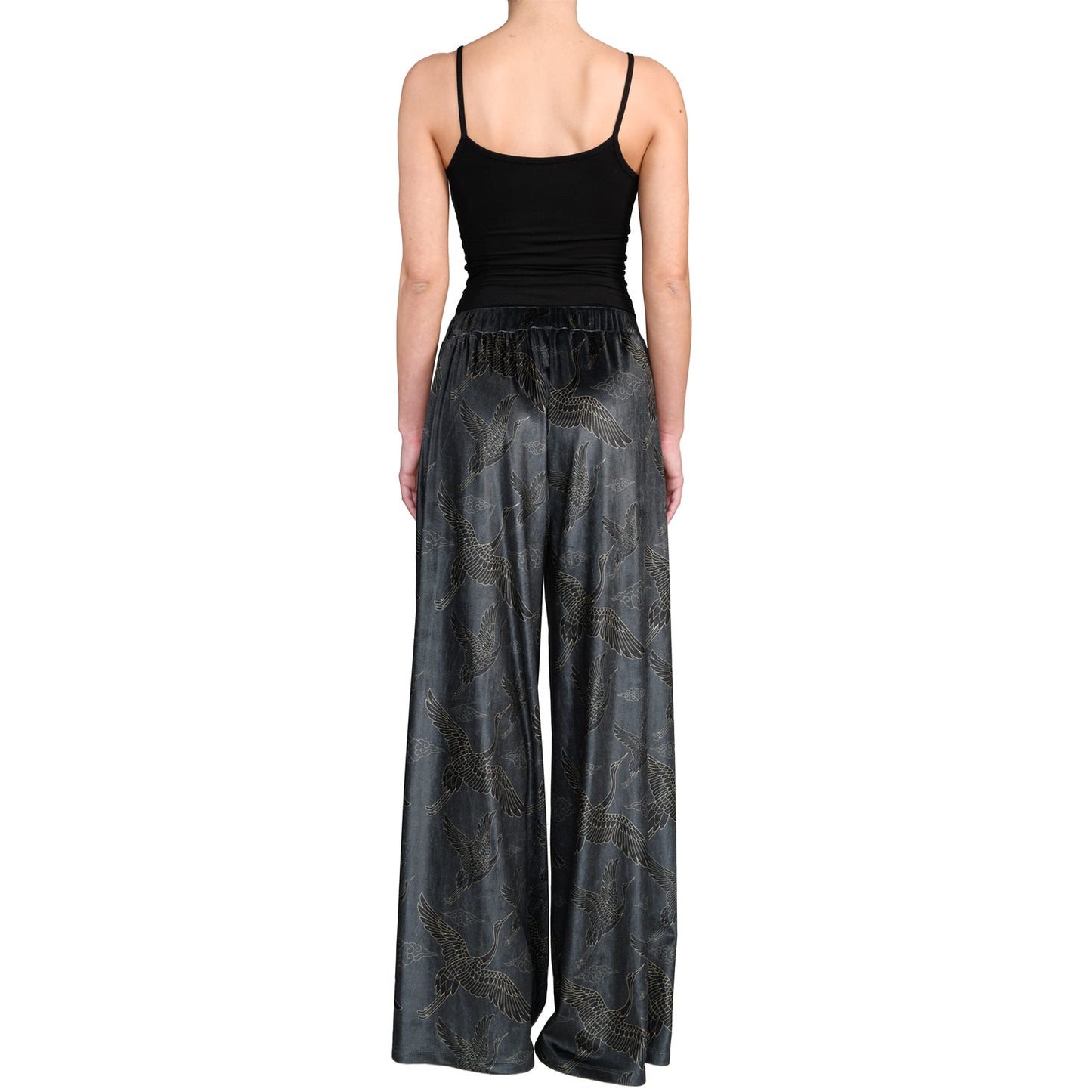 Anthracite Gold Japanese Oriental Cranes Velvet Wide Leg Pants 