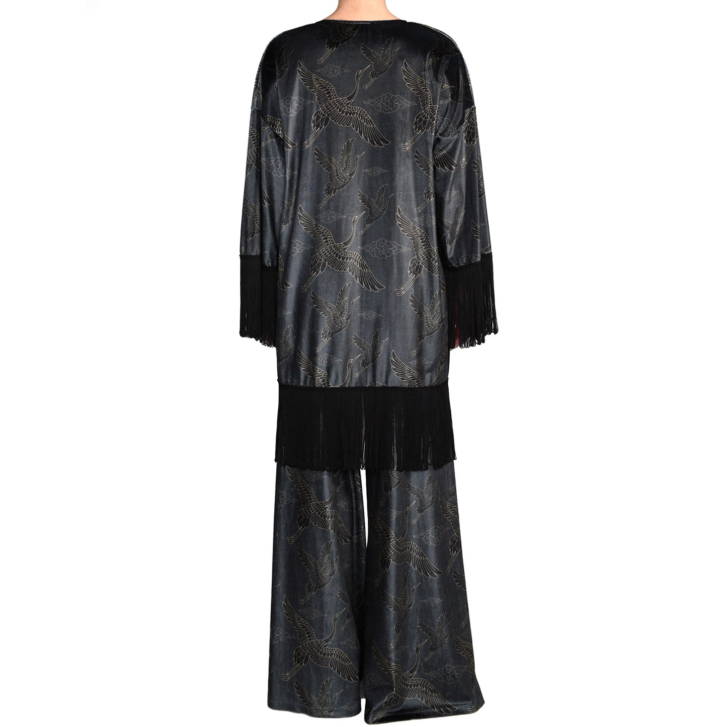 Anthracite Gold Japanese Oriental Cranes Velvet Wide Leg Pants 