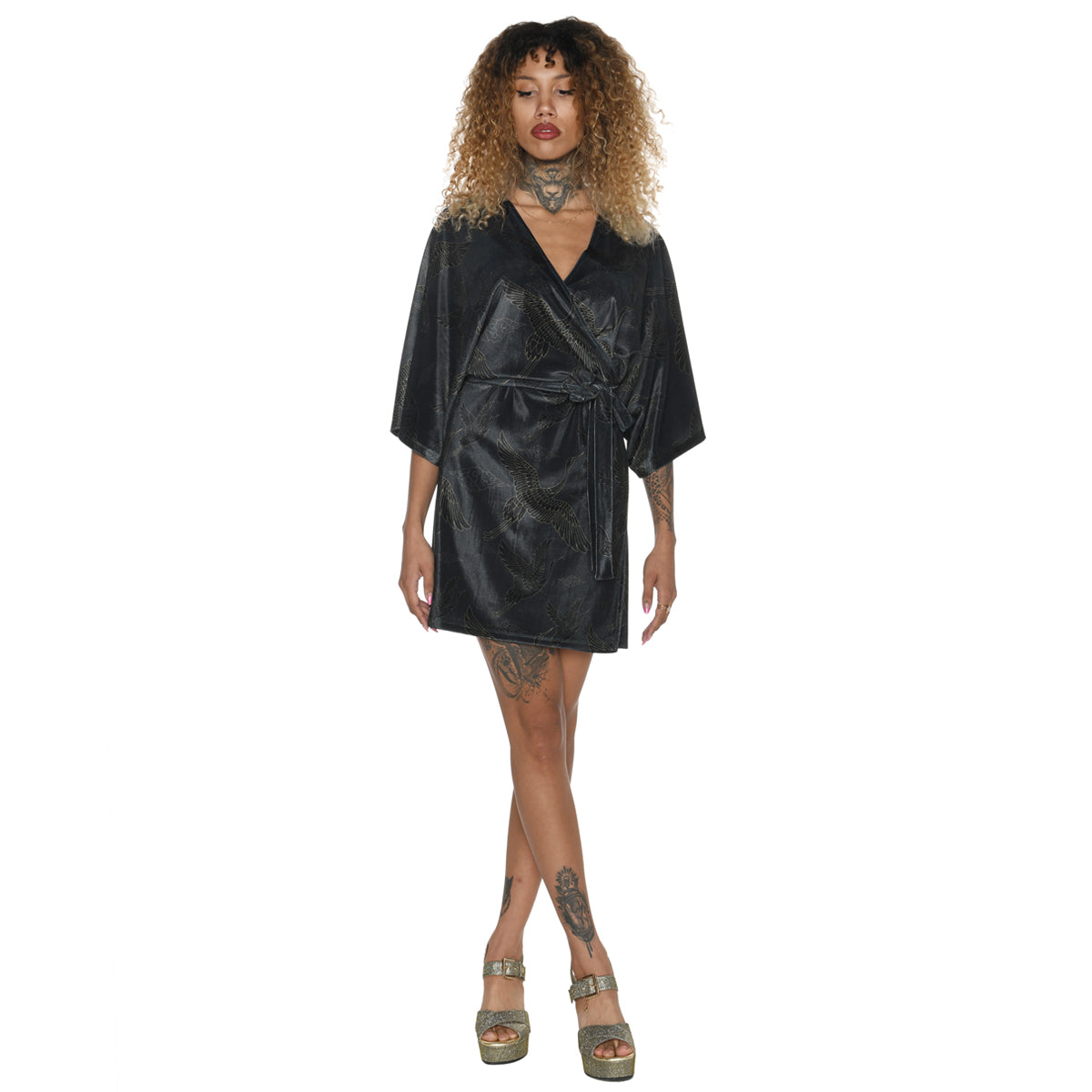 Anthracite Gold Japanese Oriental Cranes Velvet Mini Wrap Kimono Dress