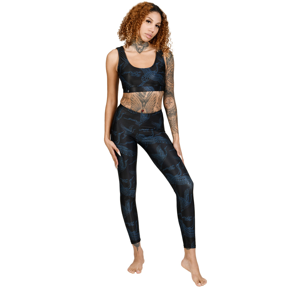 Black Blue Japanese Oriental Cranes Sport Bra Leggings Yoga Pants