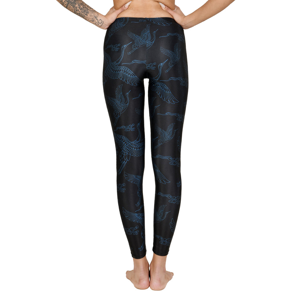 Black Blue Japanese Oriental Cranes Leggings Yoga Pants