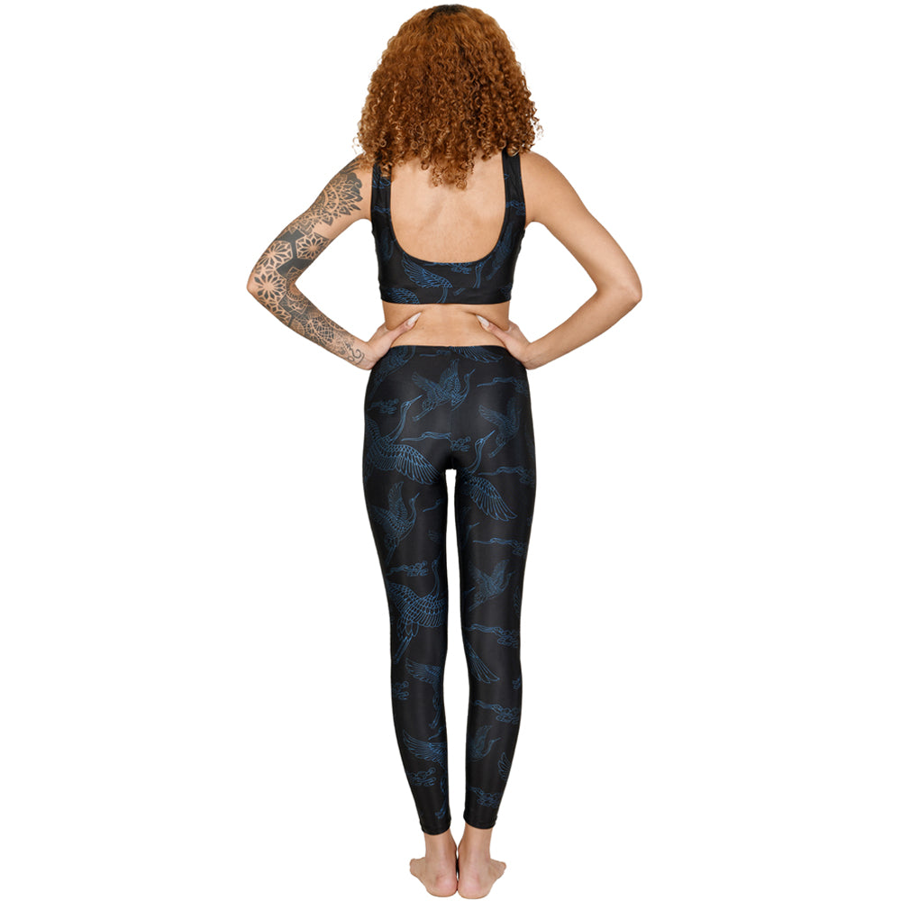 Black Blue Japanese Oriental Cranes Leggings Yoga Pants