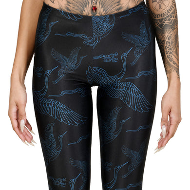 Black Blue Japanese Oriental Cranes Leggings Yoga Pants