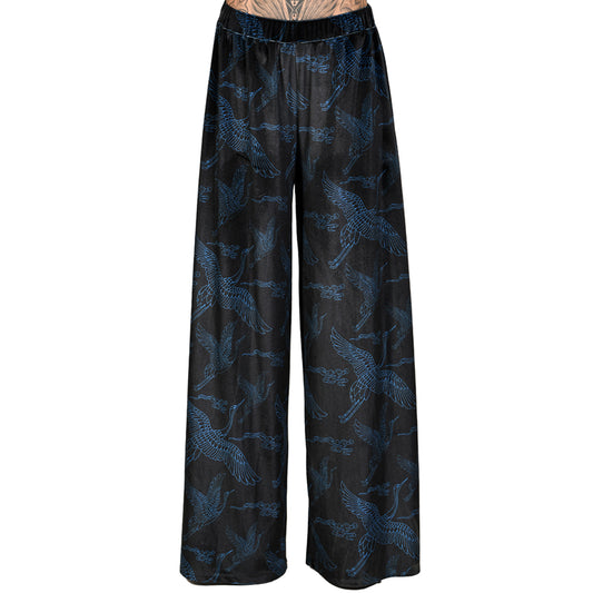 Black Blue Japanese Oriental Cranes Velvet Wide Leg Pants