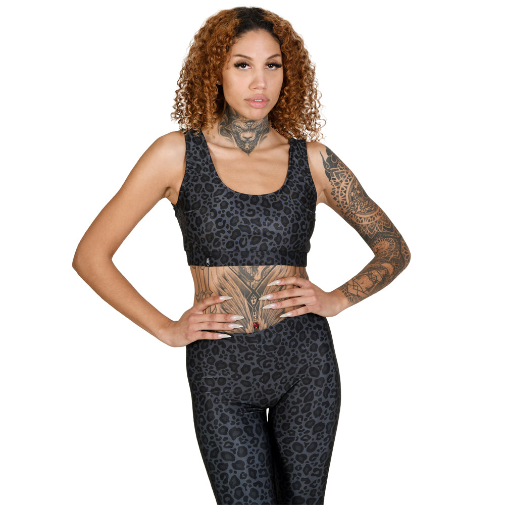 Leopard Animal Print Tiger Charcoal Anthracite Black & Grey Sport Bra Leggings Yoga Pants 