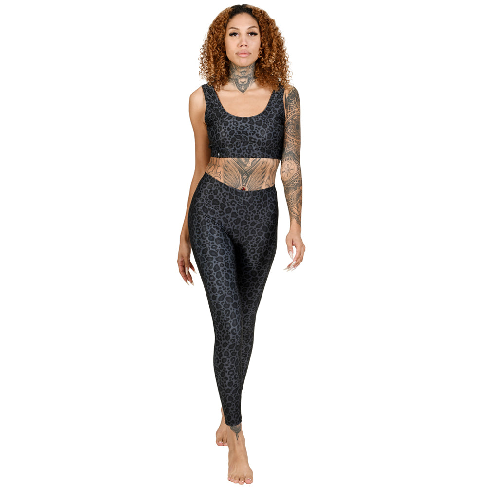 Leopard Animal Print Tiger Charcoal Anthracite Black & Grey Sport Bra Leggings Yoga Pants 