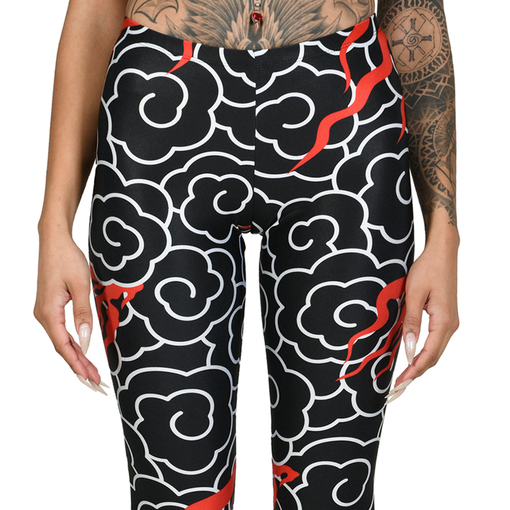 Black White Japanese Clouds Red Fires Leggings Yoga Pants Oriental 
