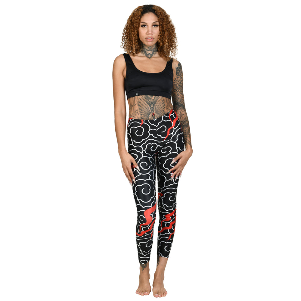 Black White Japanese Clouds Red Fires Leggings Yoga Pants Oriental 