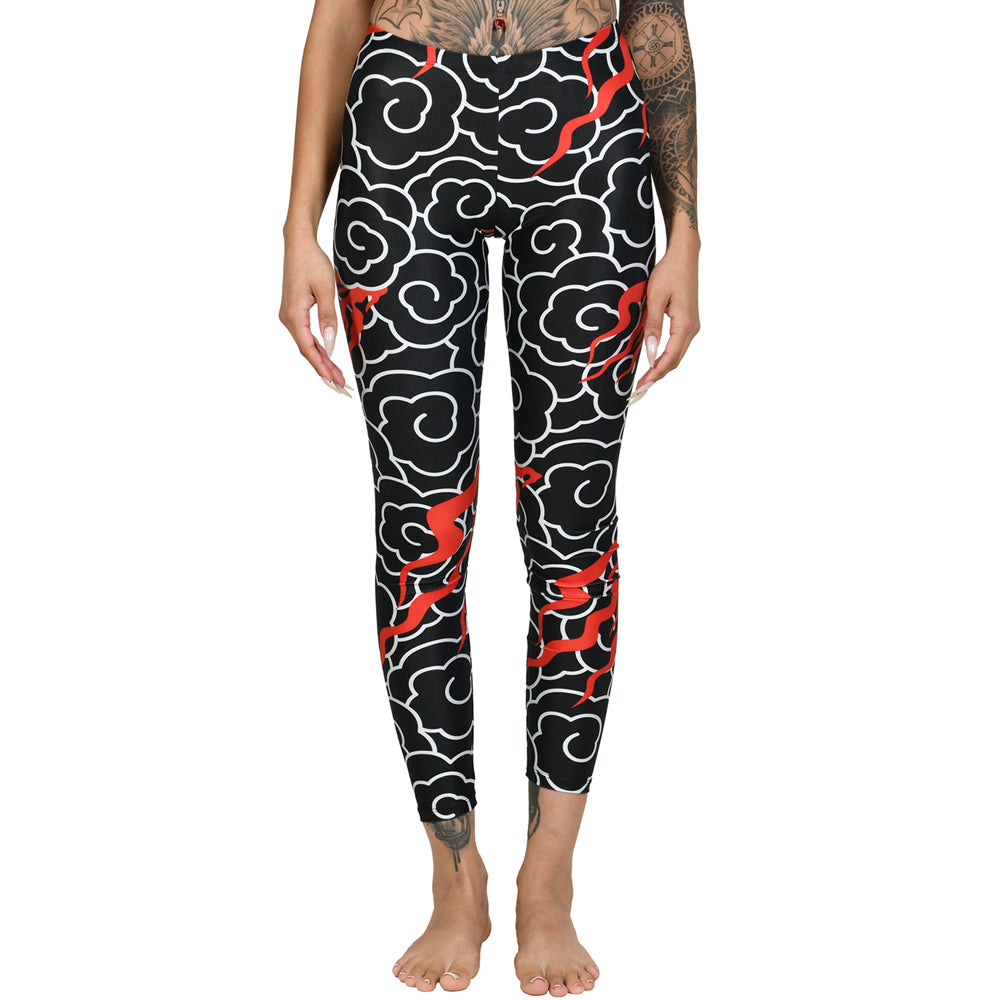 Black White Japanese Clouds Red Fires Leggings Yoga Pants Oriental 