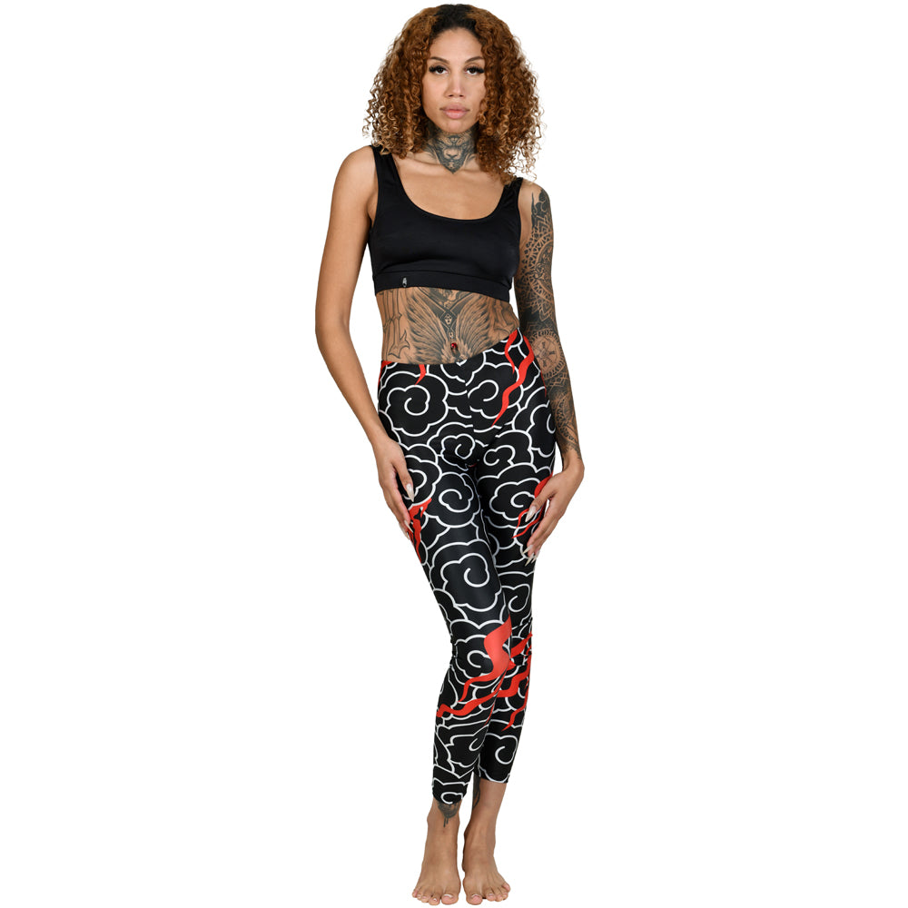 Black White Japanese Clouds Red Fires Leggings Yoga Pants Oriental 