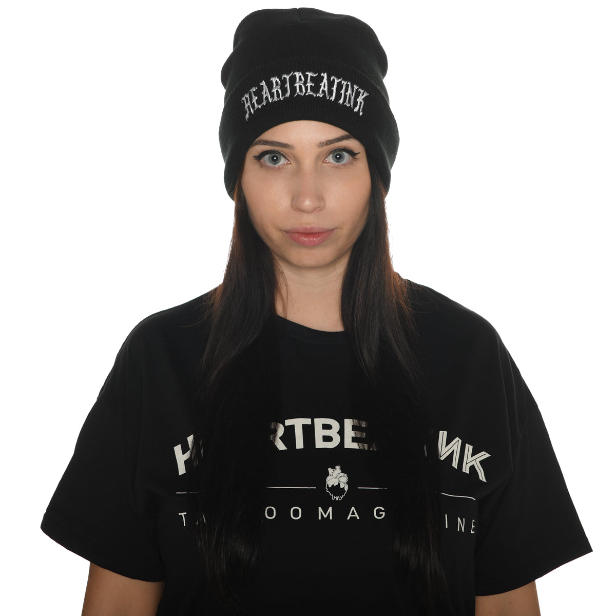 HeartbeatInk Black Embroidered Beanie