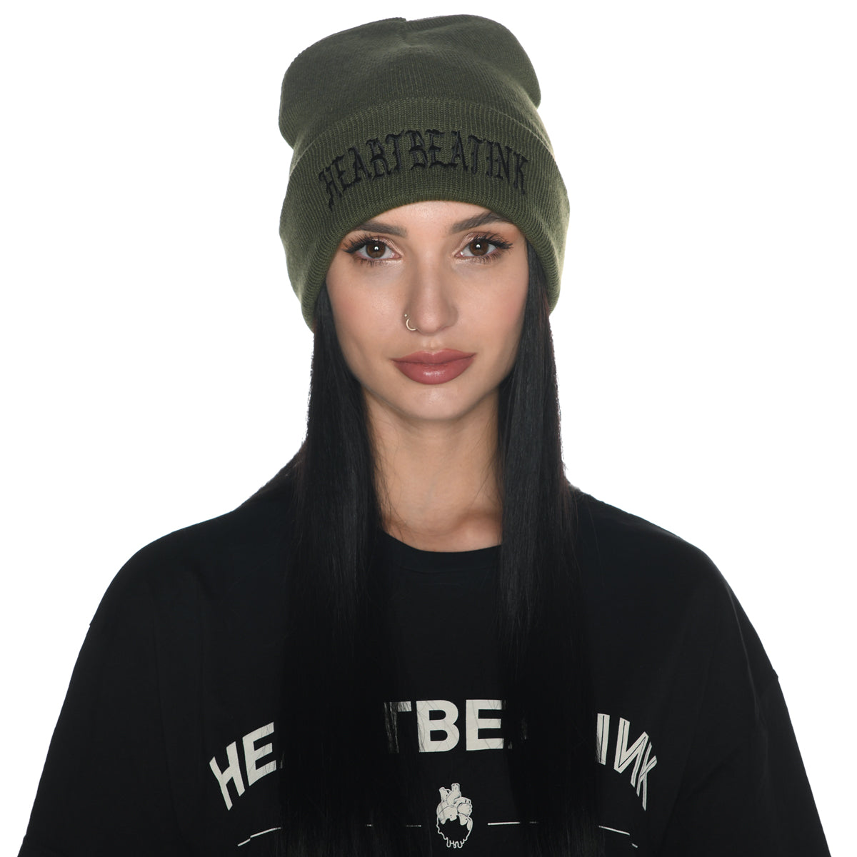 HeartbeatInk Khaki Embroidered Beanie